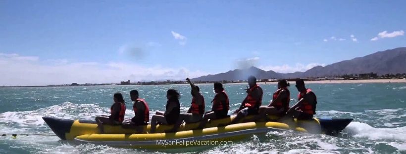 Ride banana and sombrero inflatables on vacation in San Felipe