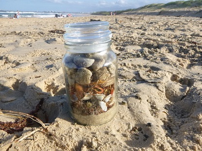 Creating a beach treasure jar on the beach in San Felipe