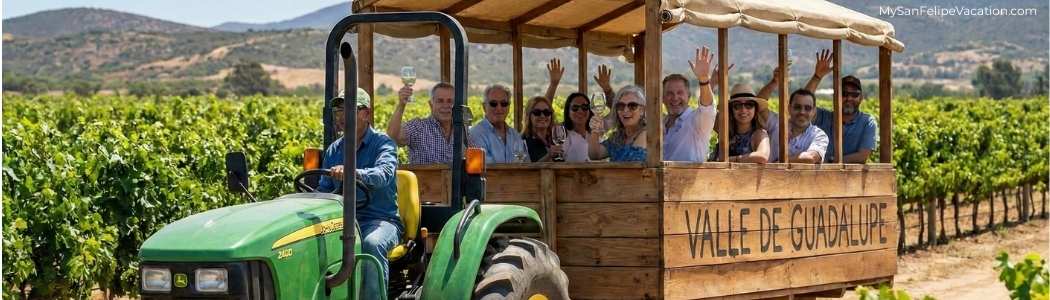 Tractor hay ride through Valle de Guadalupe vineyards during San Felipe Wine Express tour