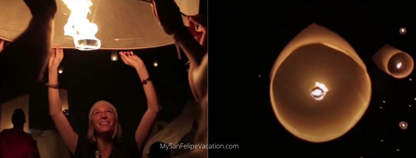 launching sky lanterns on the beach at night in San Felipe, Mexico