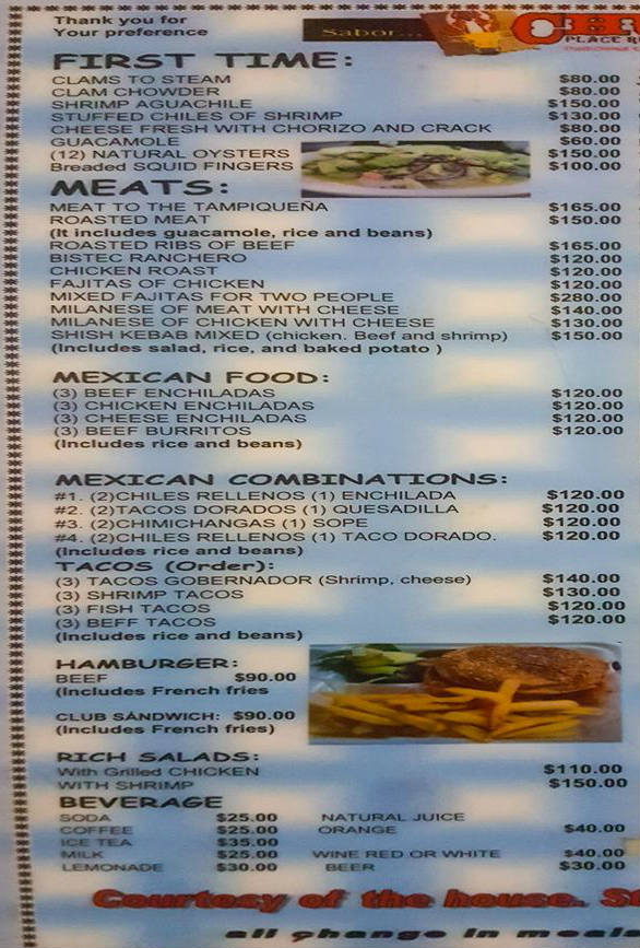 Chuy's Place English Menu Page 1