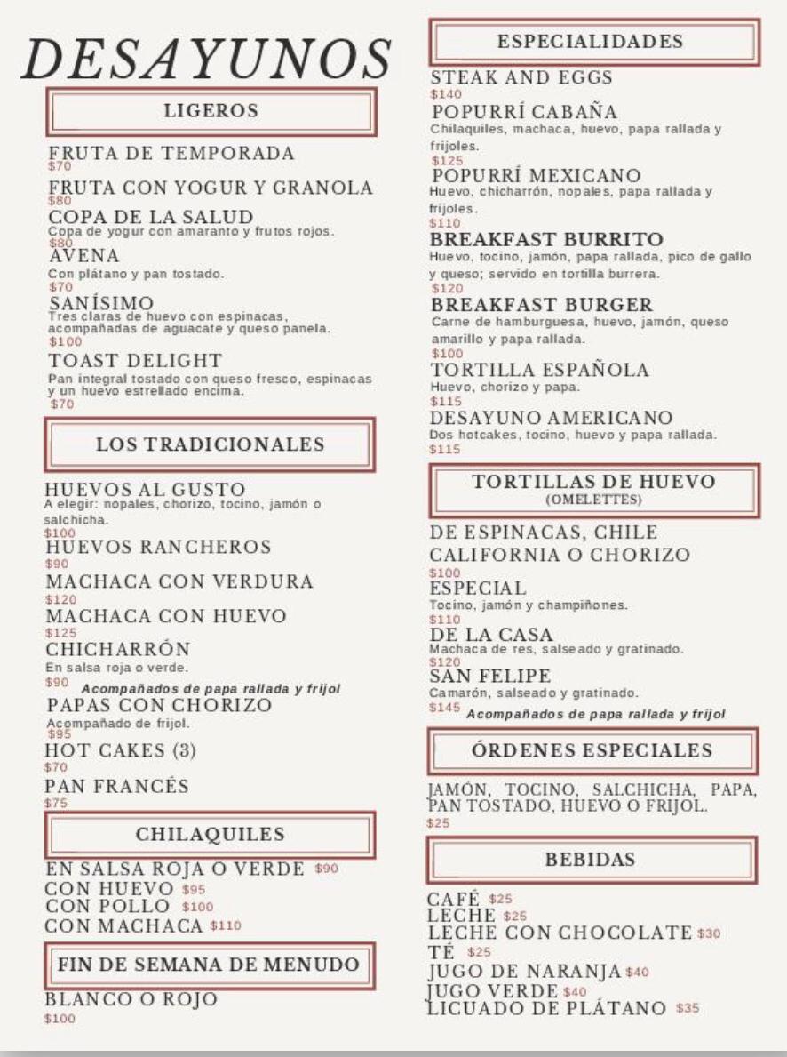 La Cabana restaurant San Felipe - Breakfast menu