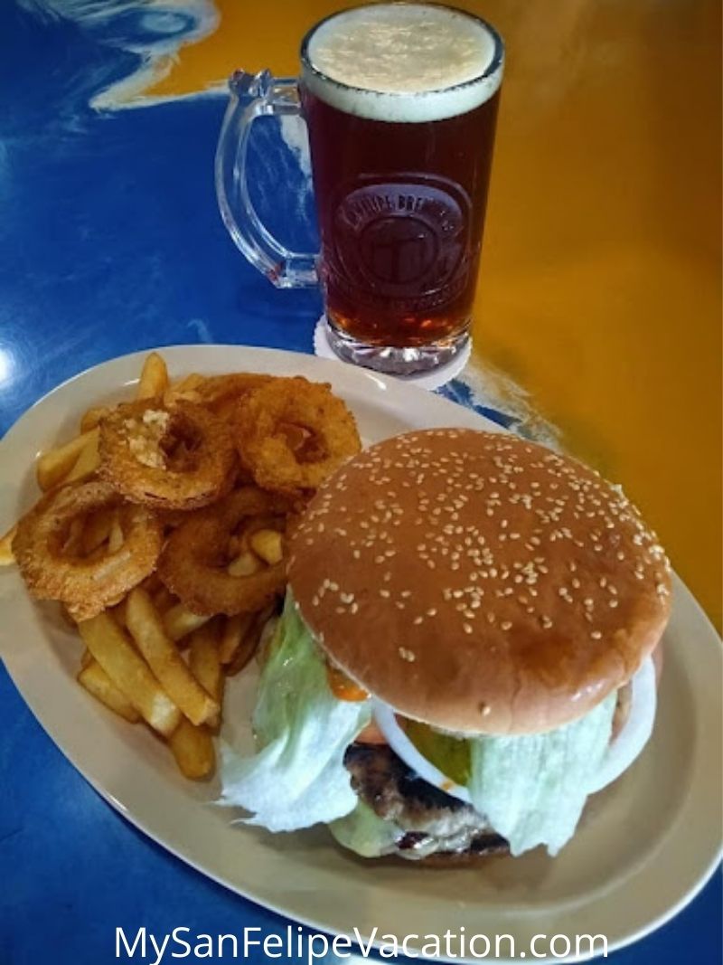 San Felipe Brewing - Dark beer with hamburger and onion rings