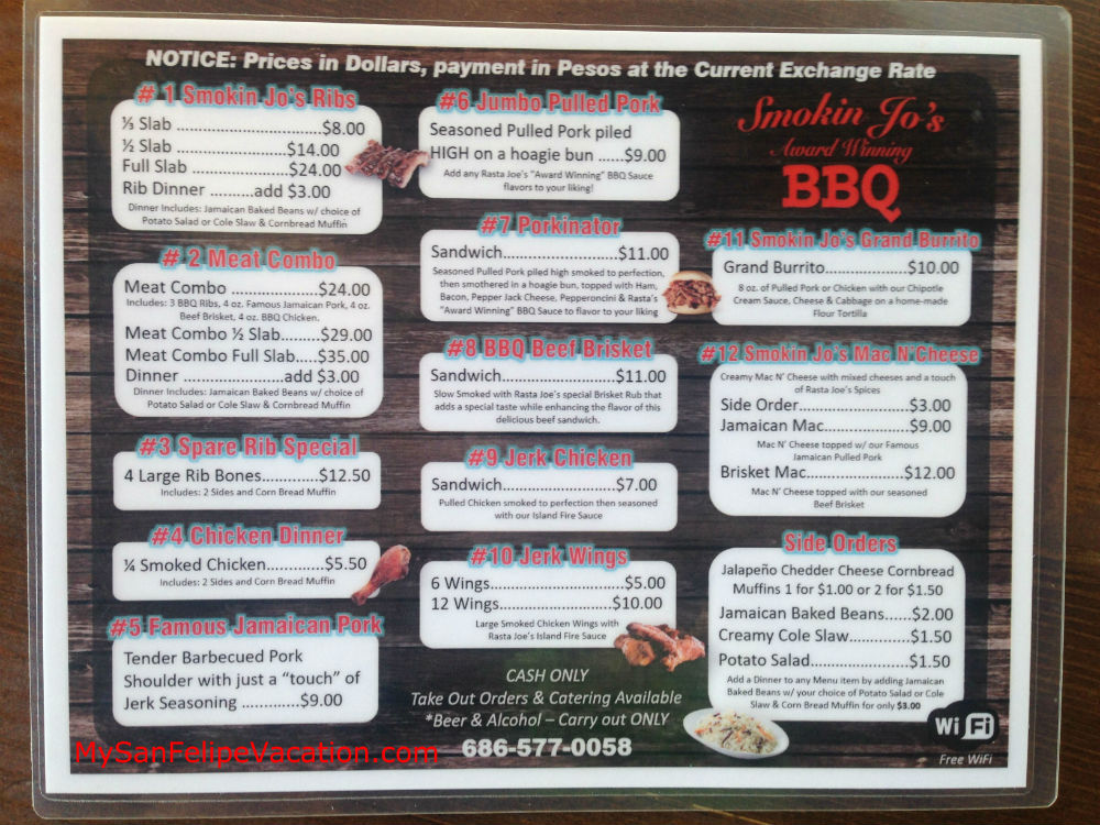 Smokin jo's BBQ San Felipe - Menu