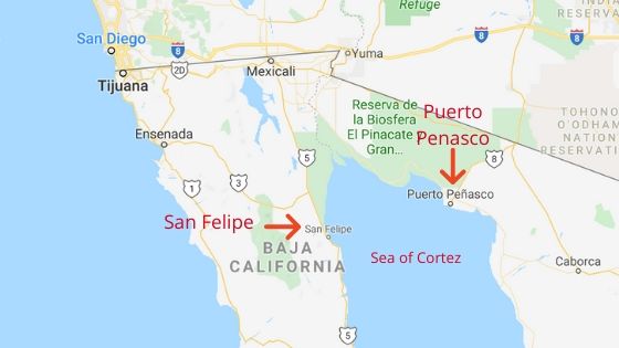 Map showing San Felipe and Puerto Penasco